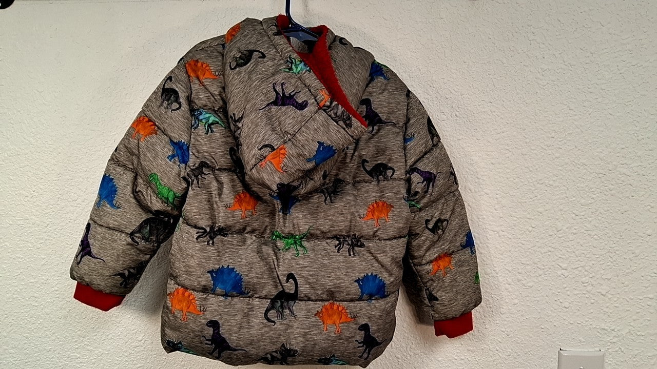 SWISS TECH Puffer Jacket 3T Gray with multicolored dinosaur patterns