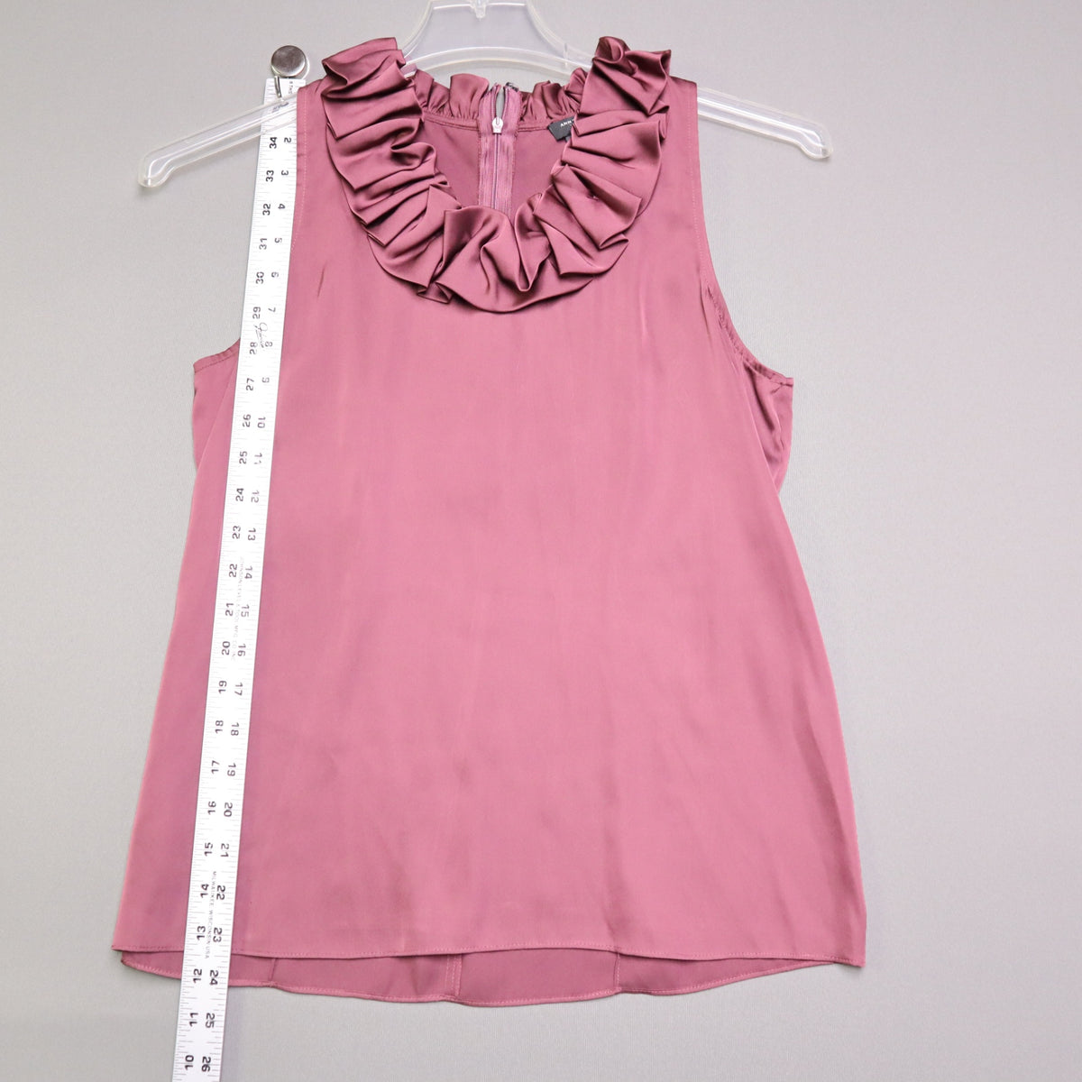 Ann Taylor Petite Ruffle Neck Sleeveless Blouse Mauve Plum Size 6P Satin Finish
