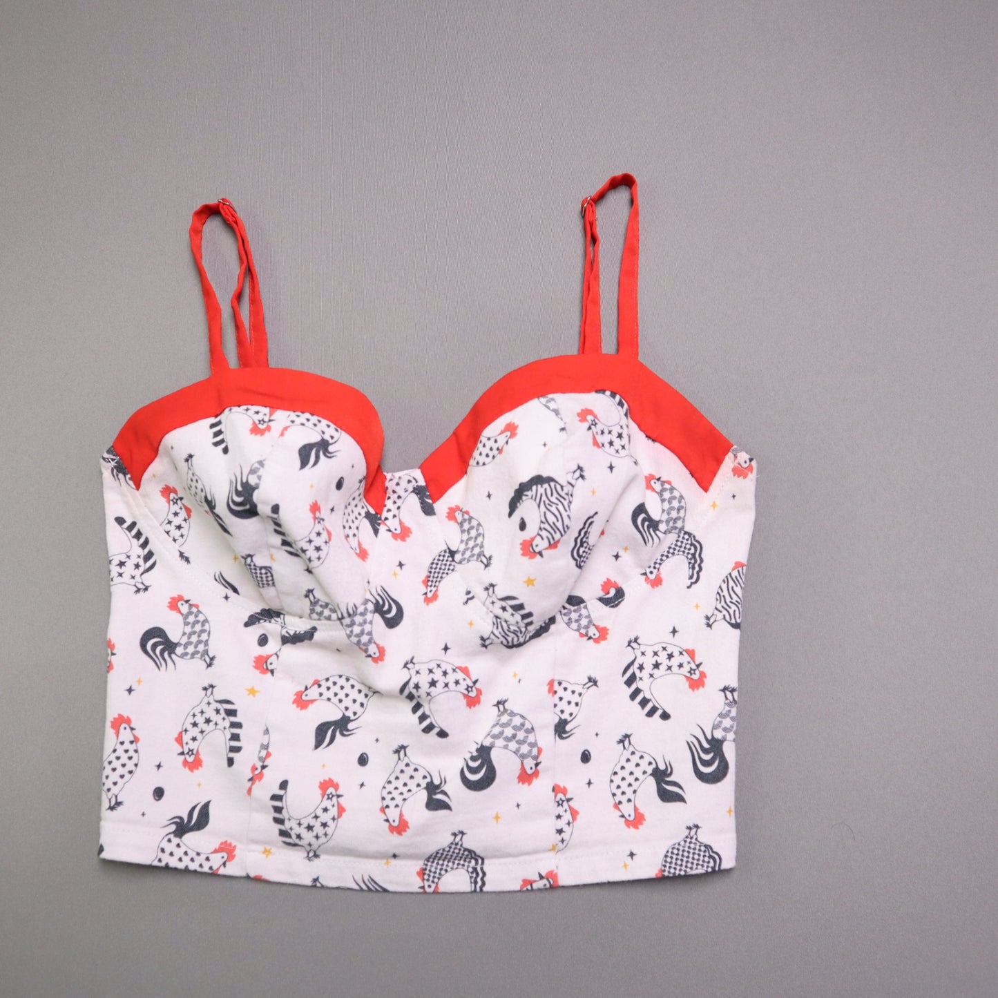 Unique Vintage Womens S White Chicken Rooster Print Bustier Crop Top Retro Pinup