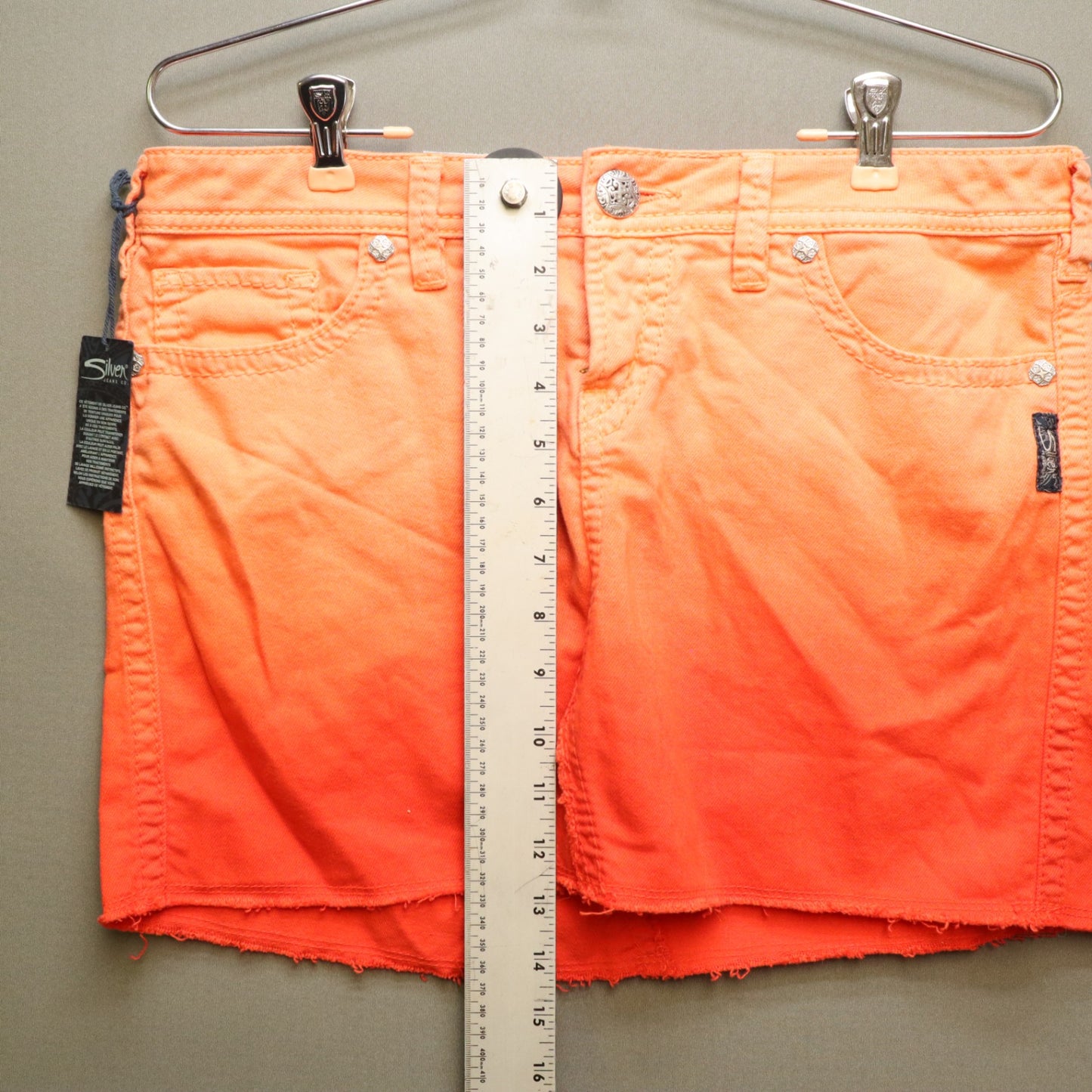 NWT Silver Jeans Co Francy Ombre Denim Mini Skirt W30 Orange Raw Hem Sunset