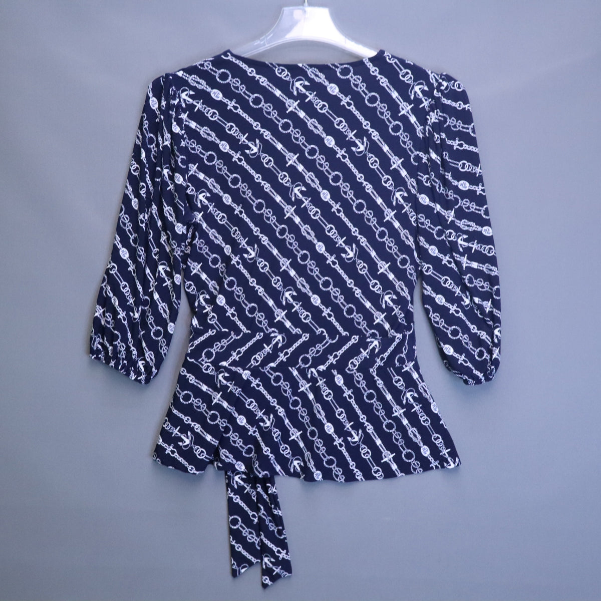 Lauren Ralph Lauren Navy Chain Anchor Nautical Wrap Blouse Womens Medium Tie