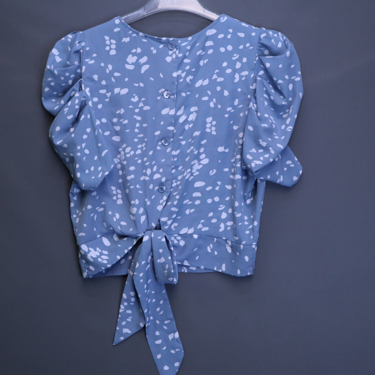 Milk & Honey Blue Polka Dot Puff Sleeve Blouse Womens XL Tie Front Button Back