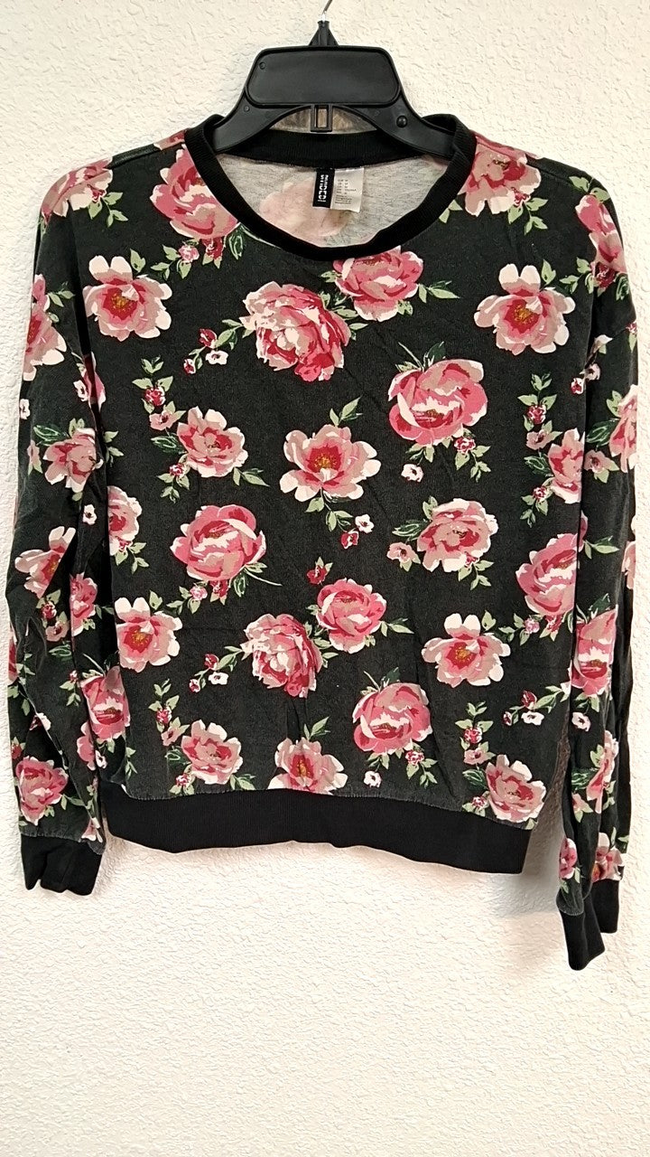 Divided Sweater M Black with pink and white floral pattern