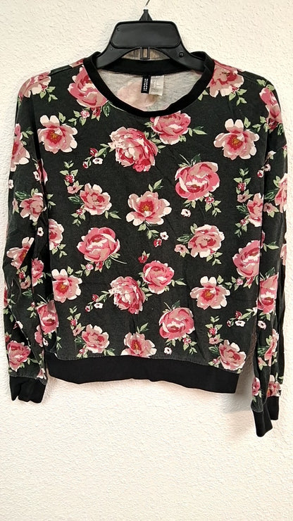 Divided Sweater M Black with pink and white floral pattern
