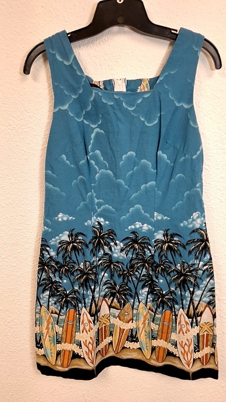 Shannon Marie Dress M(10) Blue with multicolor surfboards and palm trees