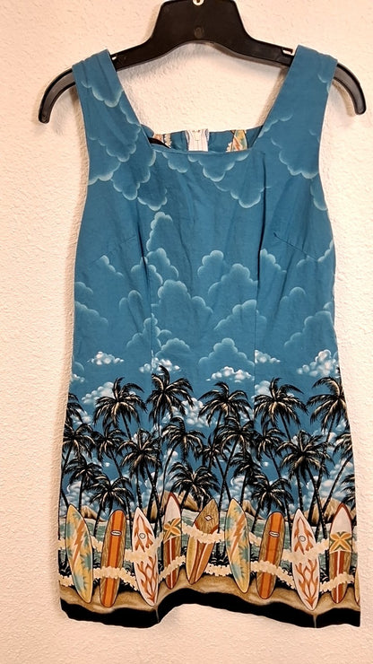 Shannon Marie Dress M(10) Blue with multicolor surfboards and palm trees