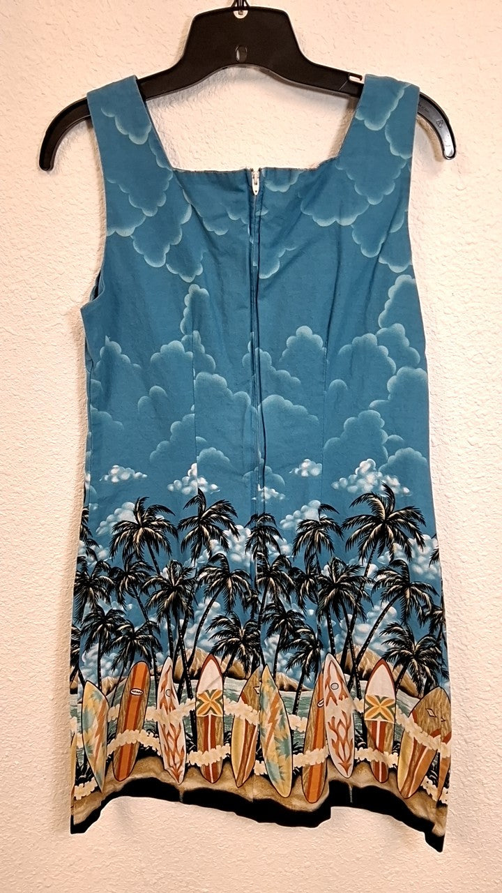 Shannon Marie Dress M(10) Blue with multicolor surfboards and palm trees