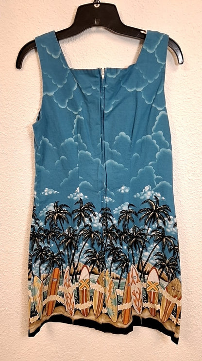 Shannon Marie Dress M(10) Blue with multicolor surfboards and palm trees