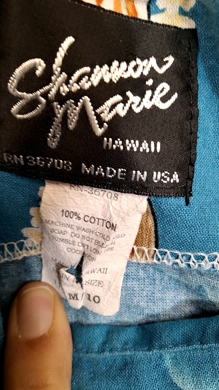 Shannon Marie Dress M(10) Blue with multicolor surfboards and palm trees