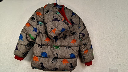 SWISS TECH Puffer Jacket 3T Gray with multicolored dinosaur patterns