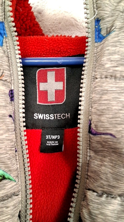 SWISS TECH Puffer Jacket 3T Gray with multicolored dinosaur patterns