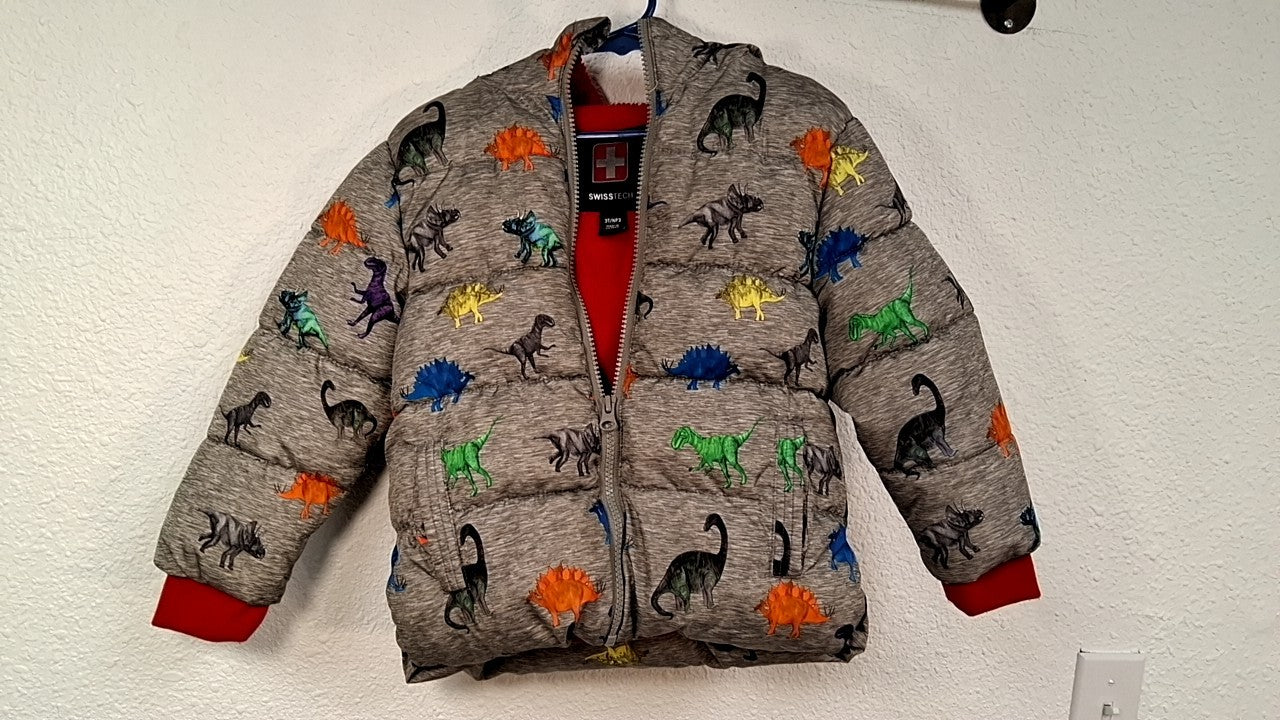 SWISS TECH Puffer Jacket 3T Gray with multicolored dinosaur patterns