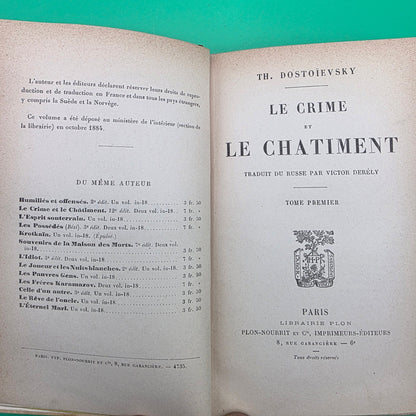 1884 first French edition of Le Crime et le Châtiment (Crime and Punishment) by Fyodor Dostoevsky