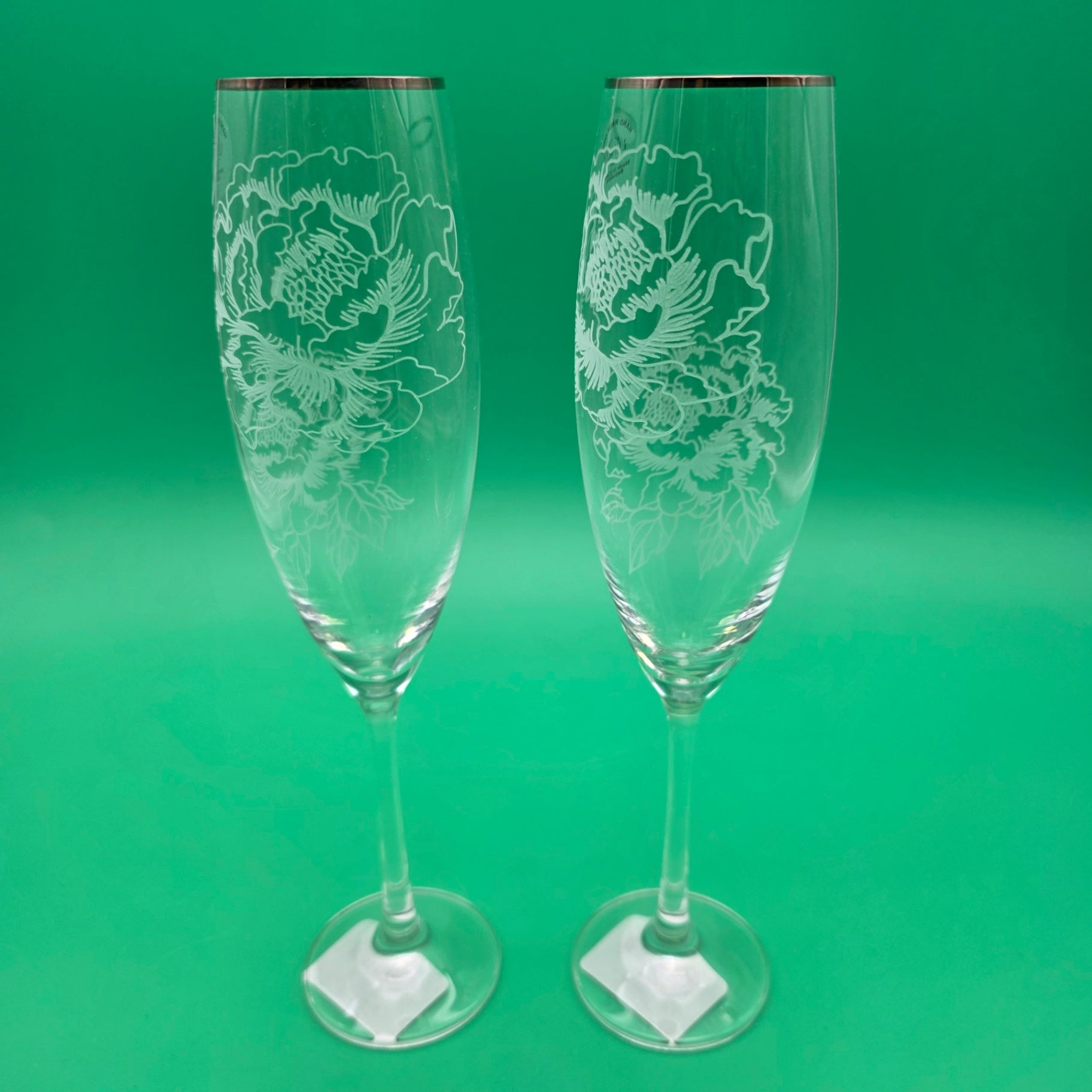Lenox Crystal Silver Peony Champagne Toasting Flutes Pair New In Box