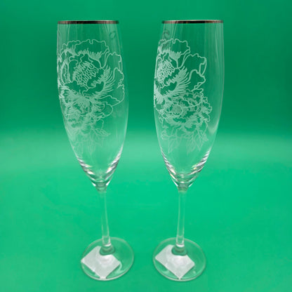 Lenox Crystal Silver Peony Champagne Toasting Flutes Pair New In Box
