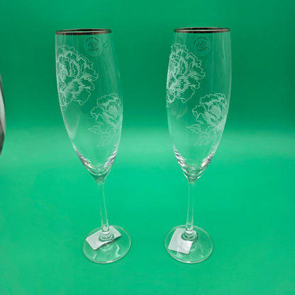 Lenox Crystal Silver Peony Champagne Toasting Flutes Pair New In Box