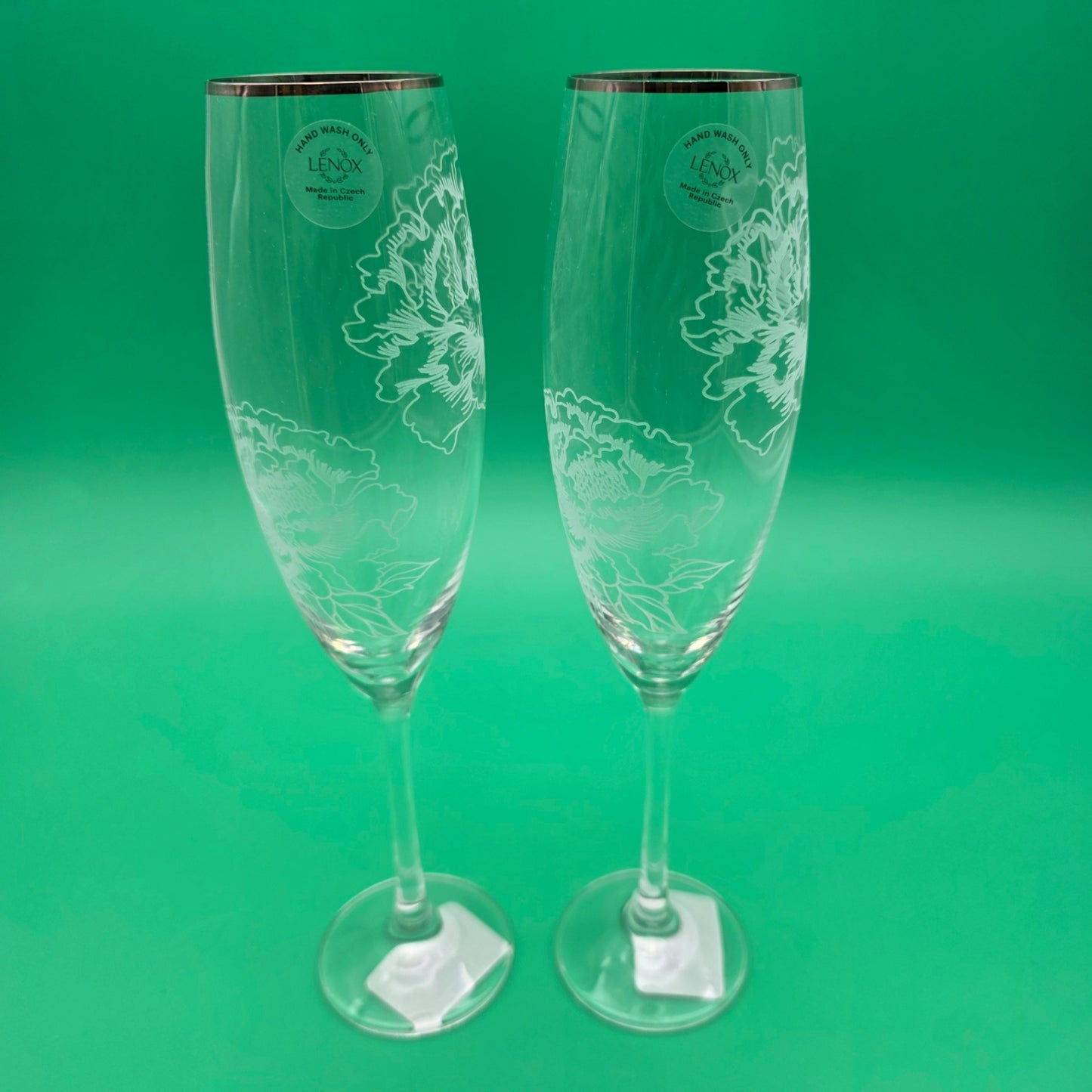 Lenox Crystal Silver Peony Champagne Toasting Flutes Pair New In Box