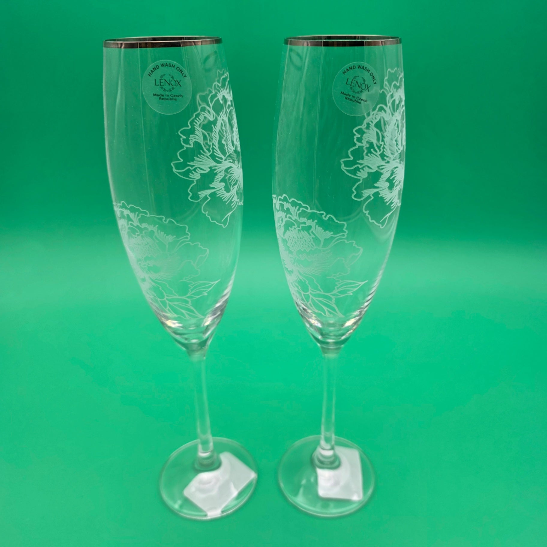 Lenox Crystal Silver Peony Champagne Toasting Flutes Pair New In Box