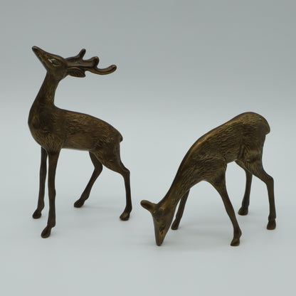 Brass Deer Figurines Vintage Mid Century Set of 2 - Buck is 6.5" Tall