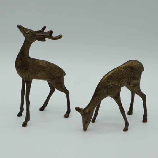 Brass Deer Figurines Vintage Mid Century Set of 2 - Buck is 6.5" Tall