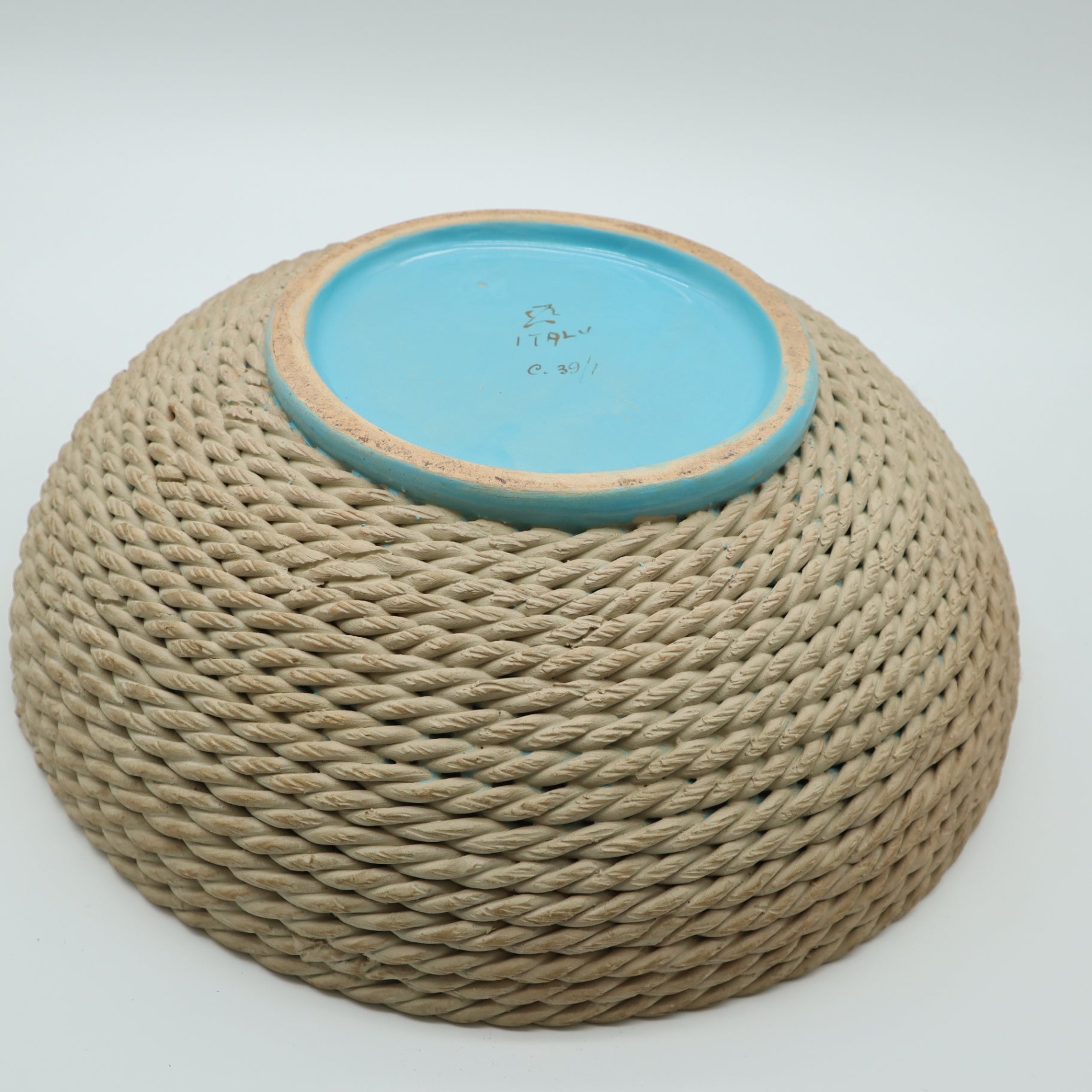Rope Basket Bowl Blue Turquoise Zaccagnini Italy Signed Pottery
