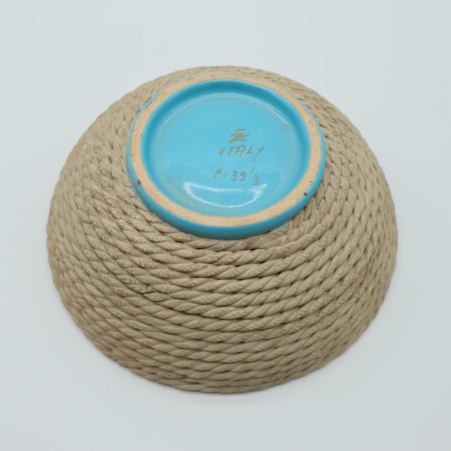 Rope Basket Bowl Blue Turquoise Zaccagnini Italy Signed Pottery