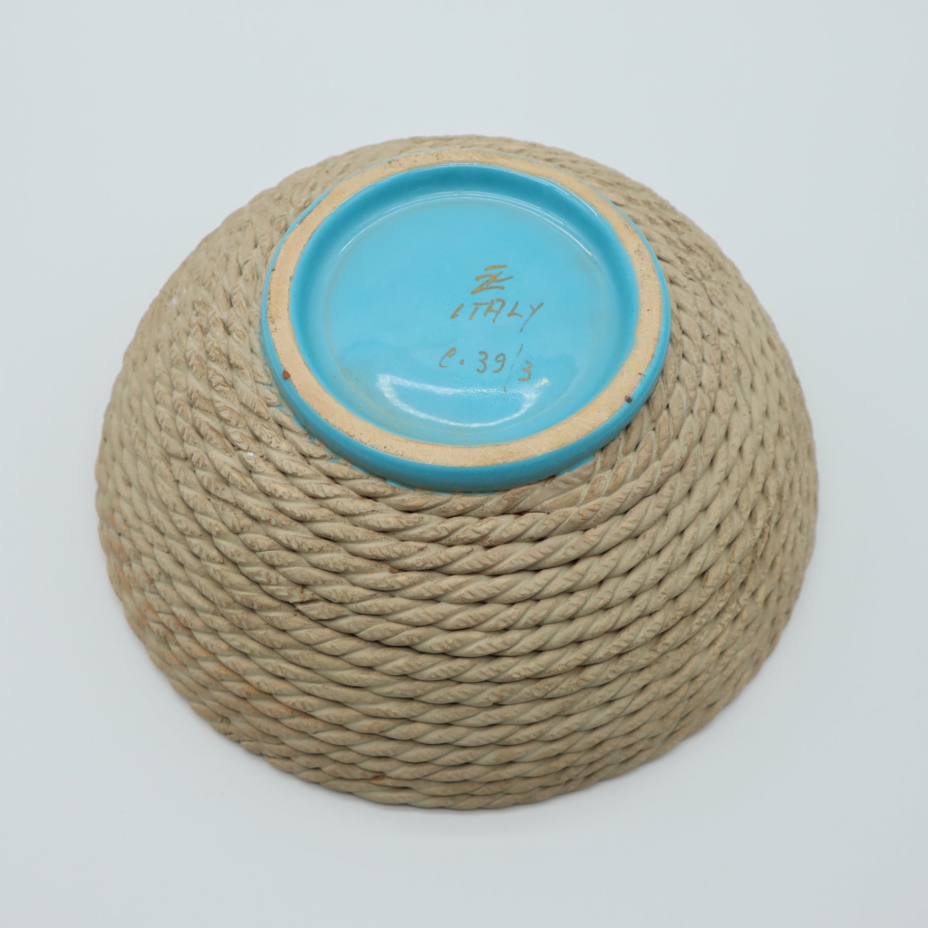 Rope Basket Bowl Blue Turquoise Zaccagnini Italy Signed Pottery