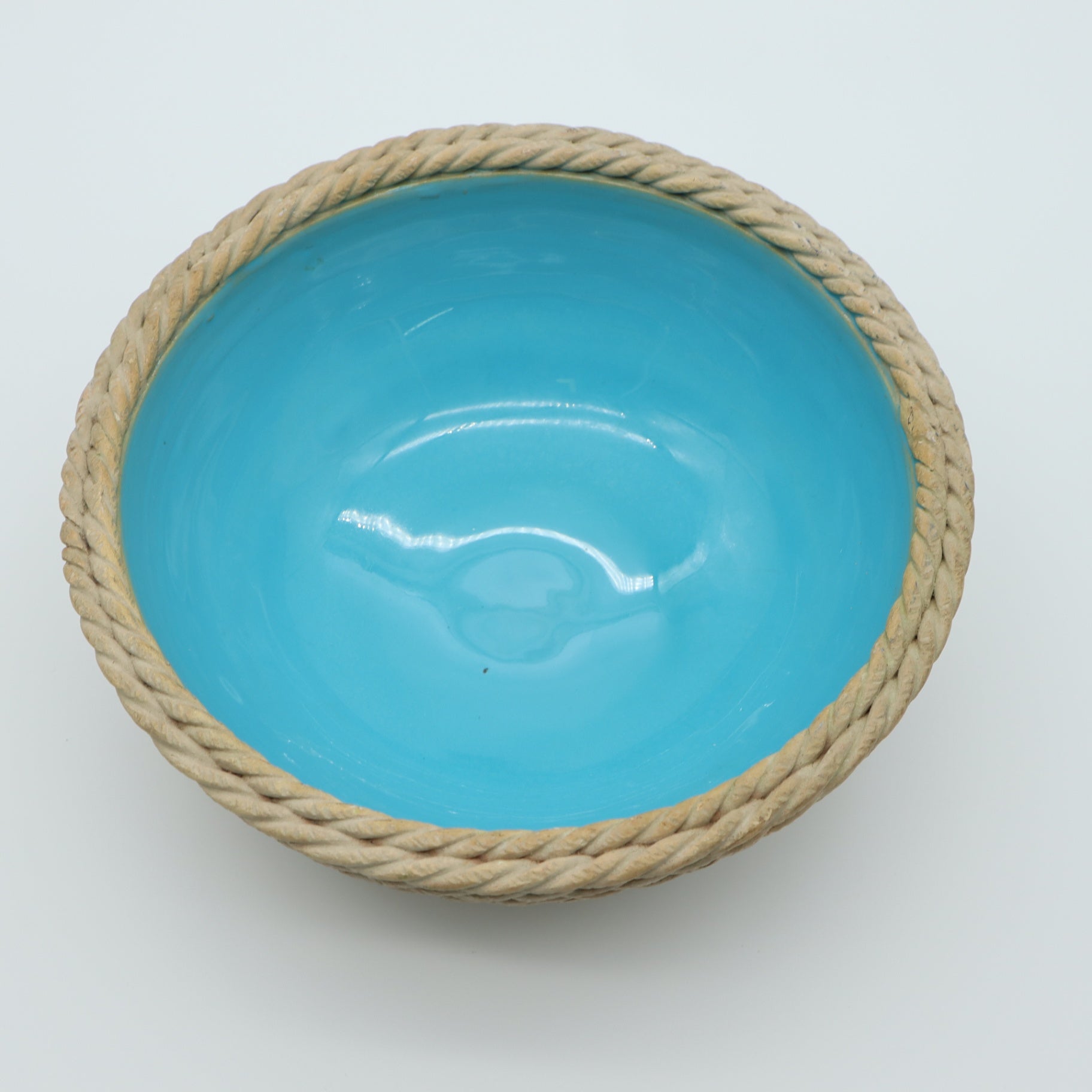 Rope Basket Bowl Blue Turquoise Zaccagnini Italy Signed Pottery
