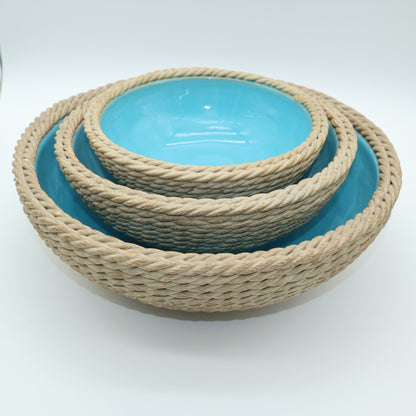 Rope Basket Bowl Blue Turquoise Zaccagnini Italy Signed Pottery