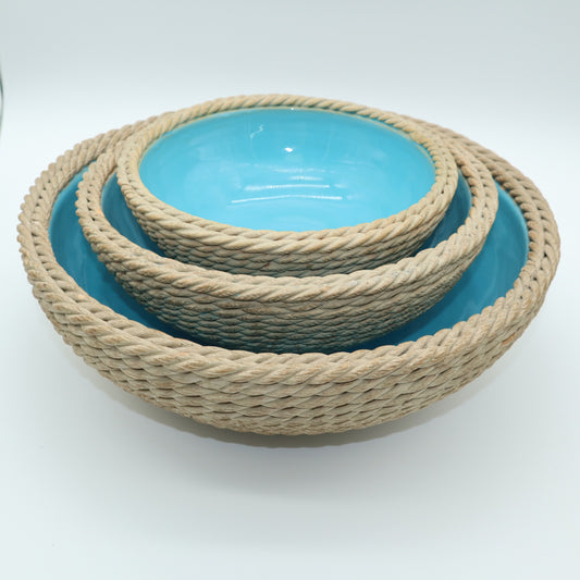 Rope Basket Bowl Blue Turquoise Zaccagnini Italy Signed Pottery