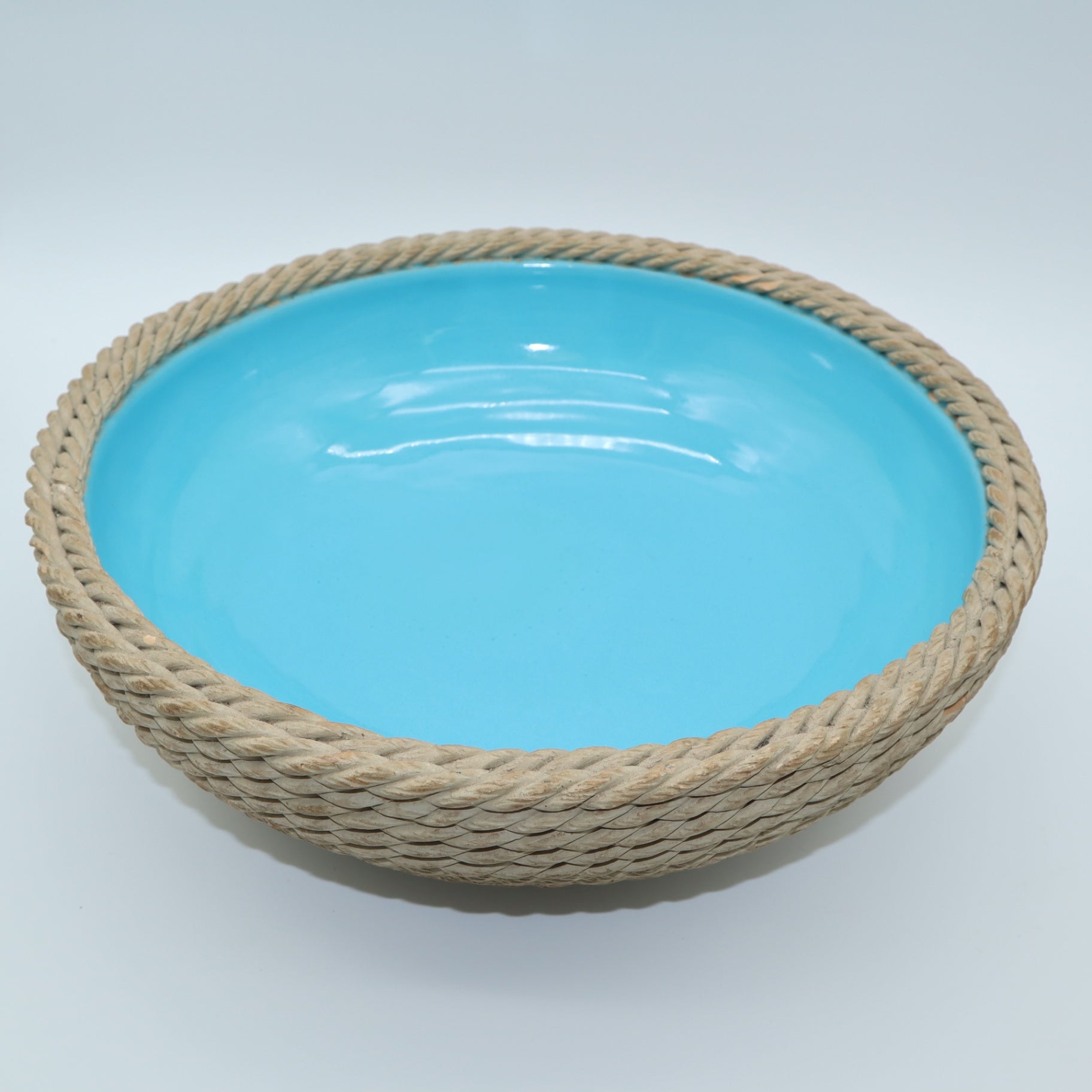 Rope Basket Bowl Blue Turquoise Zaccagnini Italy Signed Pottery
