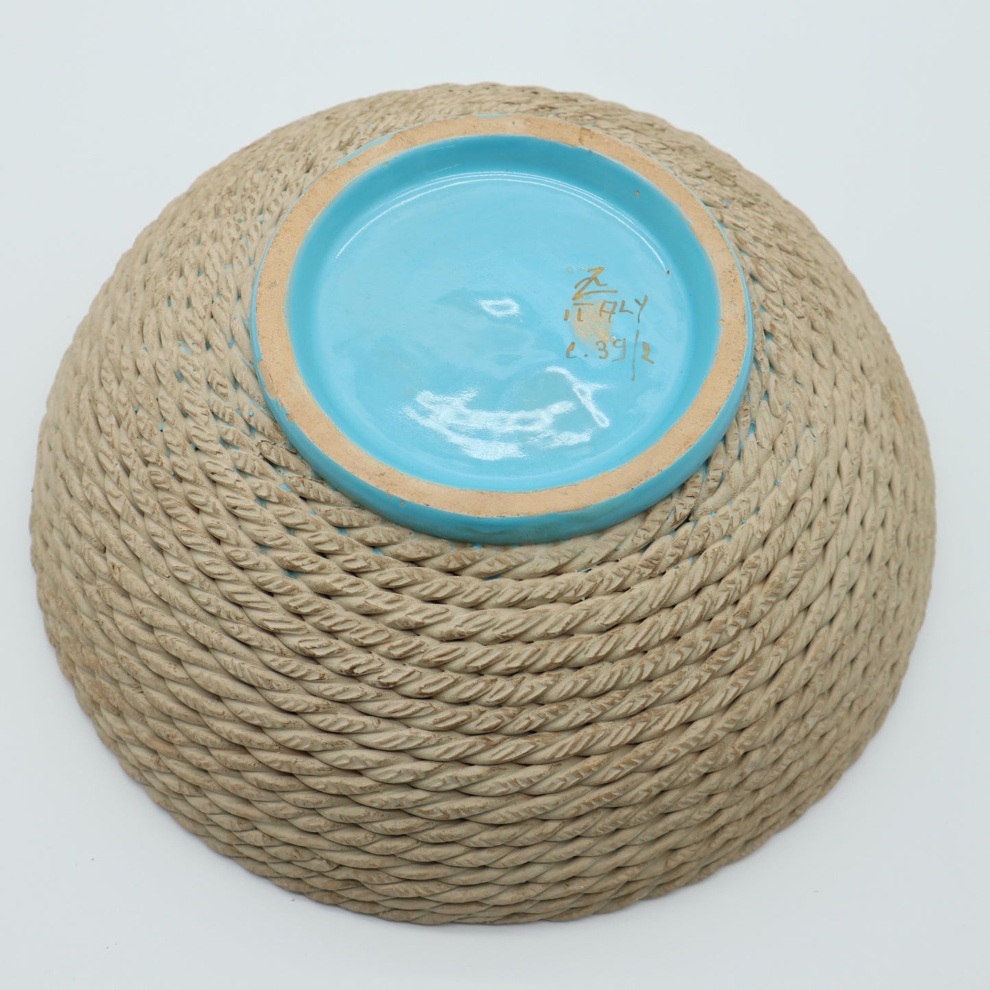 Rope Basket Bowl Blue Turquoise Zaccagnini Italy Signed Pottery