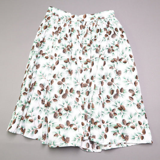Vintage Style Pinecone Evergreen Print A-Line Midi Skirt White Green Christmas