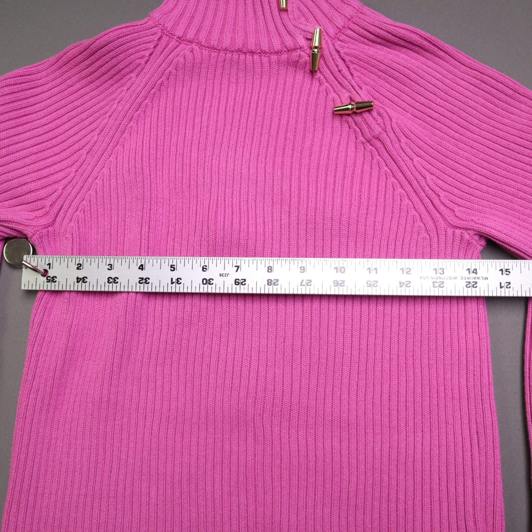 Lauren Ralph Lauren Pink Ribbed Knit Mock Neck Sweater Womens M Gold Toggle