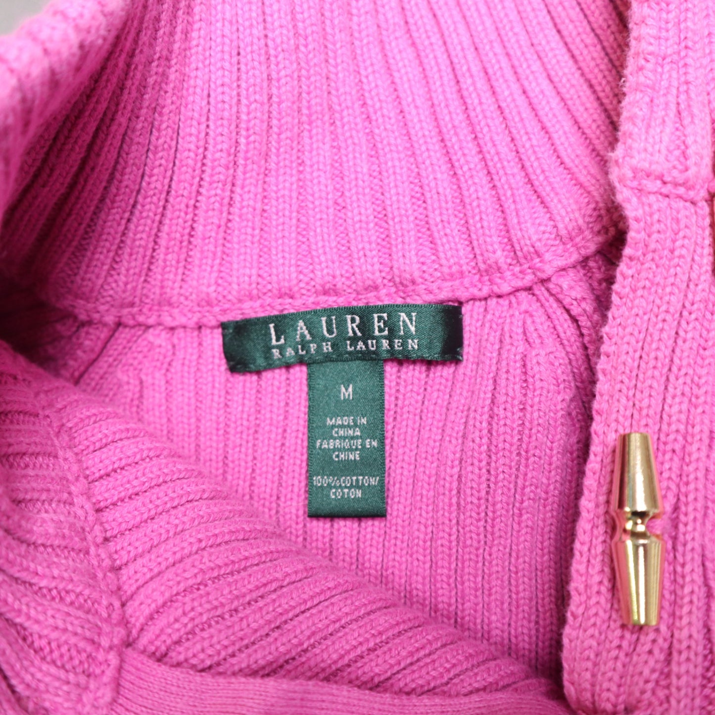 Lauren Ralph Lauren Pink Ribbed Knit Mock Neck Sweater Womens M Gold Toggle