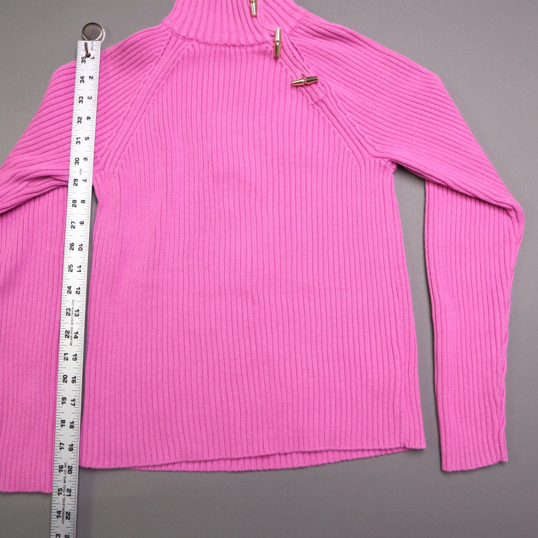 Lauren Ralph Lauren Pink Ribbed Knit Mock Neck Sweater Womens M Gold Toggle