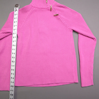 Lauren Ralph Lauren Pink Ribbed Knit Mock Neck Sweater Womens M Gold Toggle