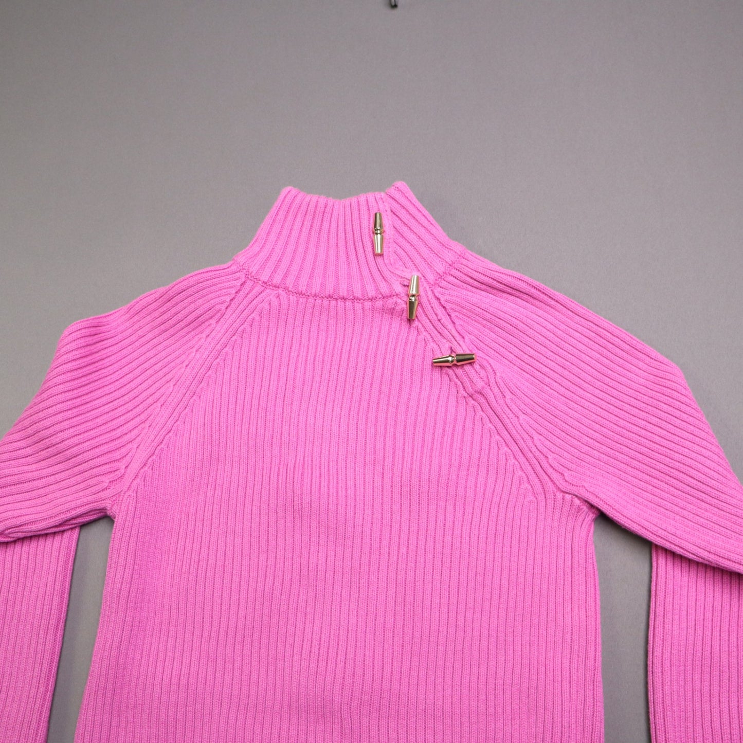 Lauren Ralph Lauren Pink Ribbed Knit Mock Neck Sweater Womens M Gold Toggle