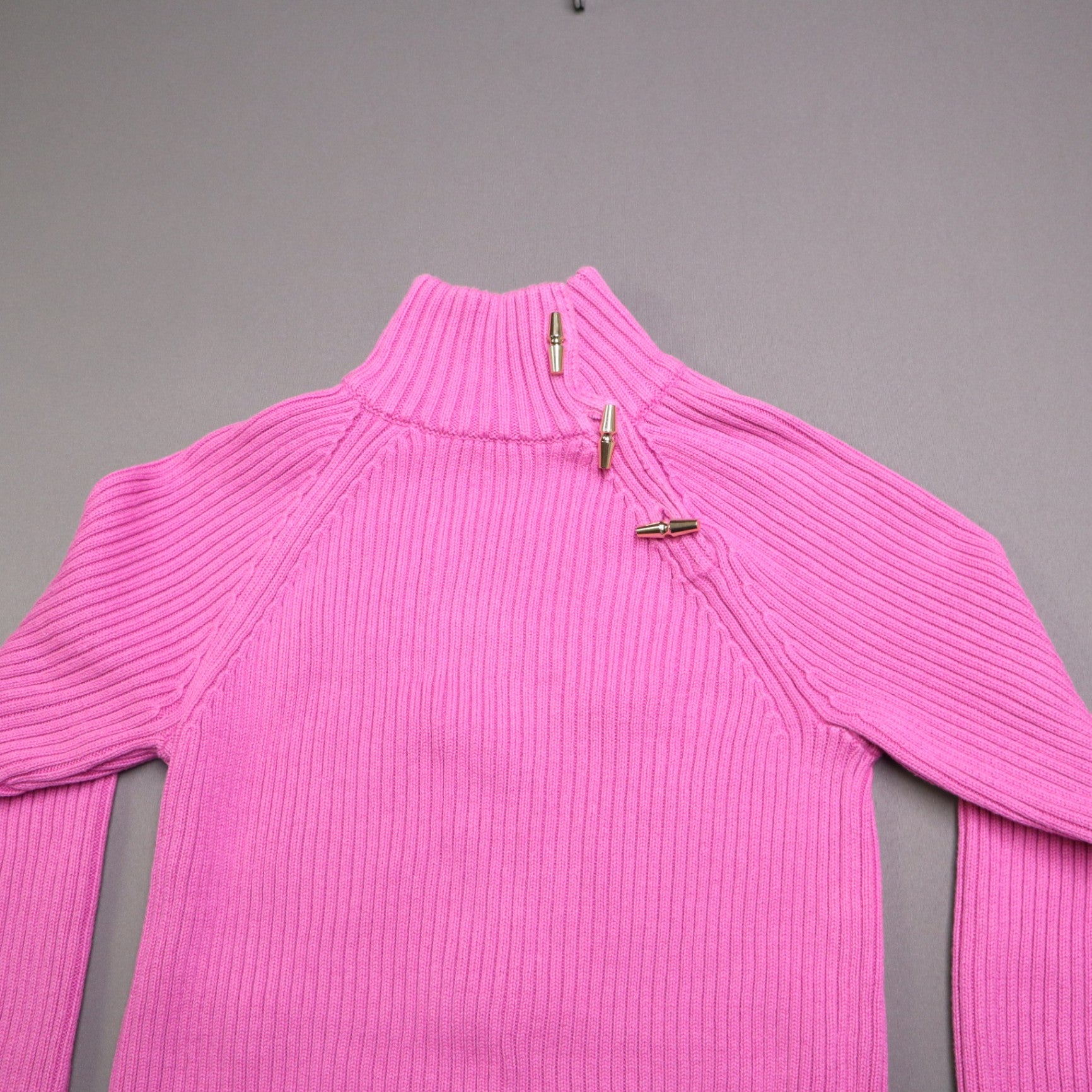 Lauren Ralph Lauren Pink Ribbed Knit Mock Neck Sweater Womens M Gold Toggle