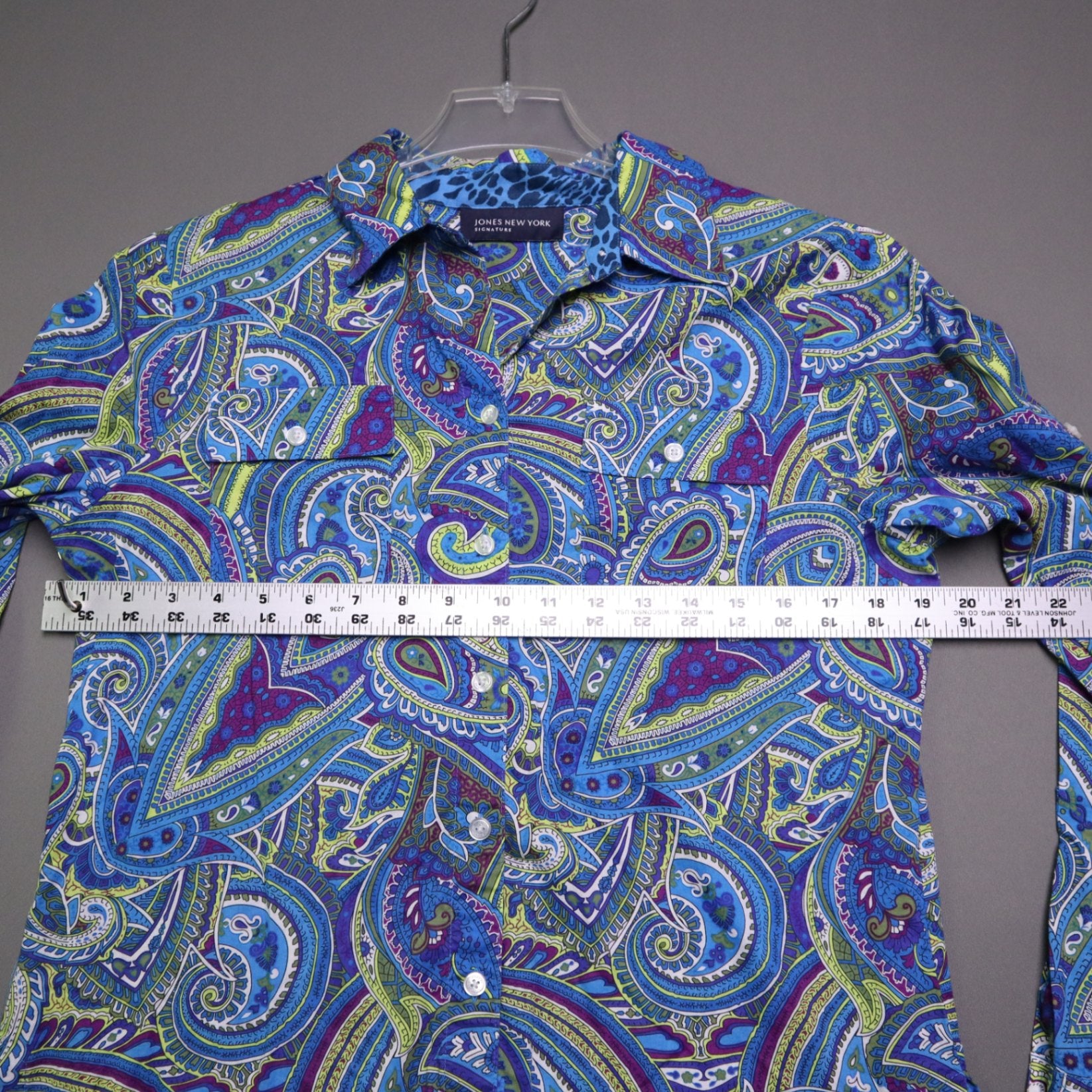 Jones New York Signature Women's Paisley Long Sleeve Button Up Shirt Blue Purple