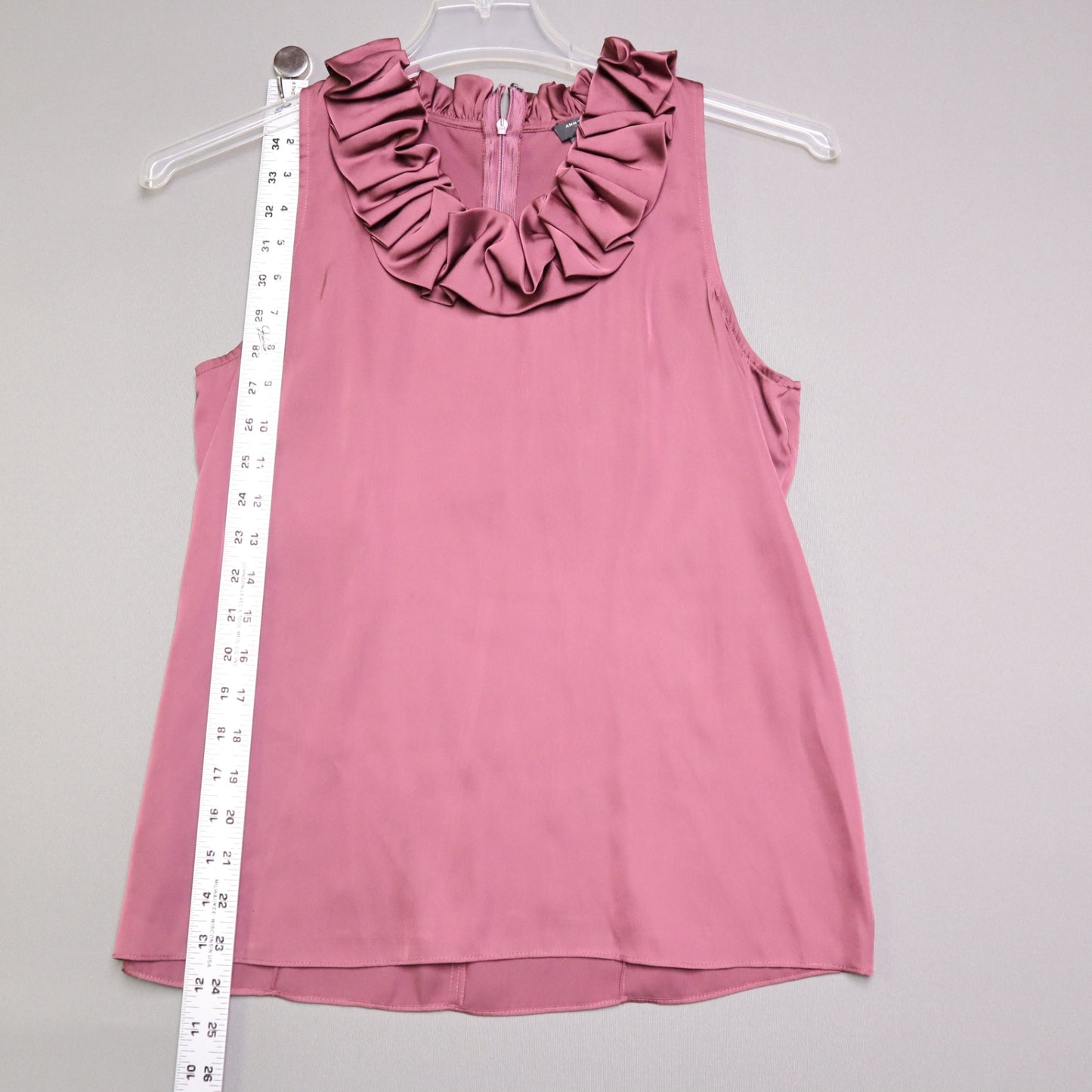 Ann Taylor Petite Ruffle Neck Sleeveless Blouse Mauve Plum Size 6P Satin Finish
