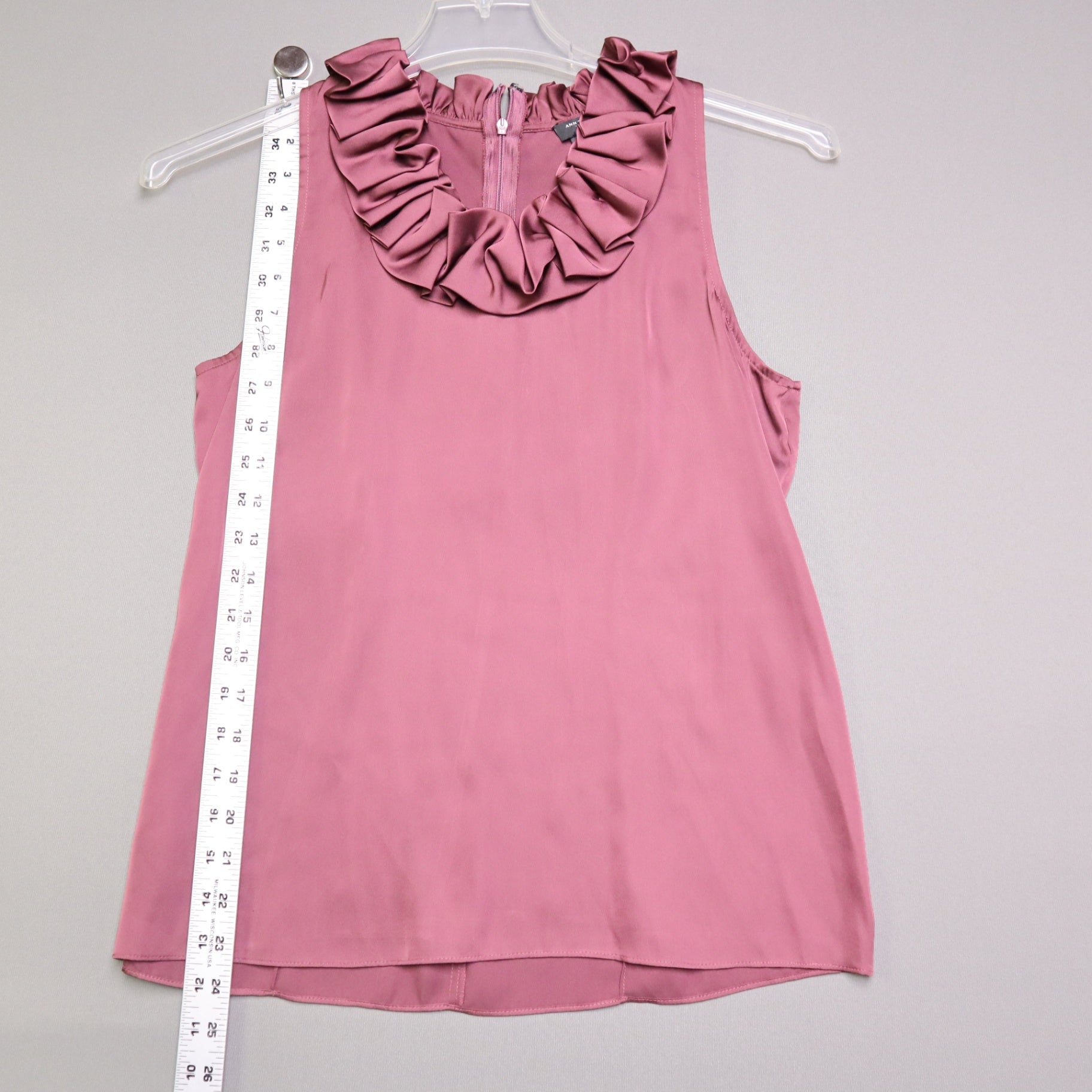 Ann Taylor Petite Ruffle Neck Sleeveless Blouse Mauve Plum Size 6P Satin Finish