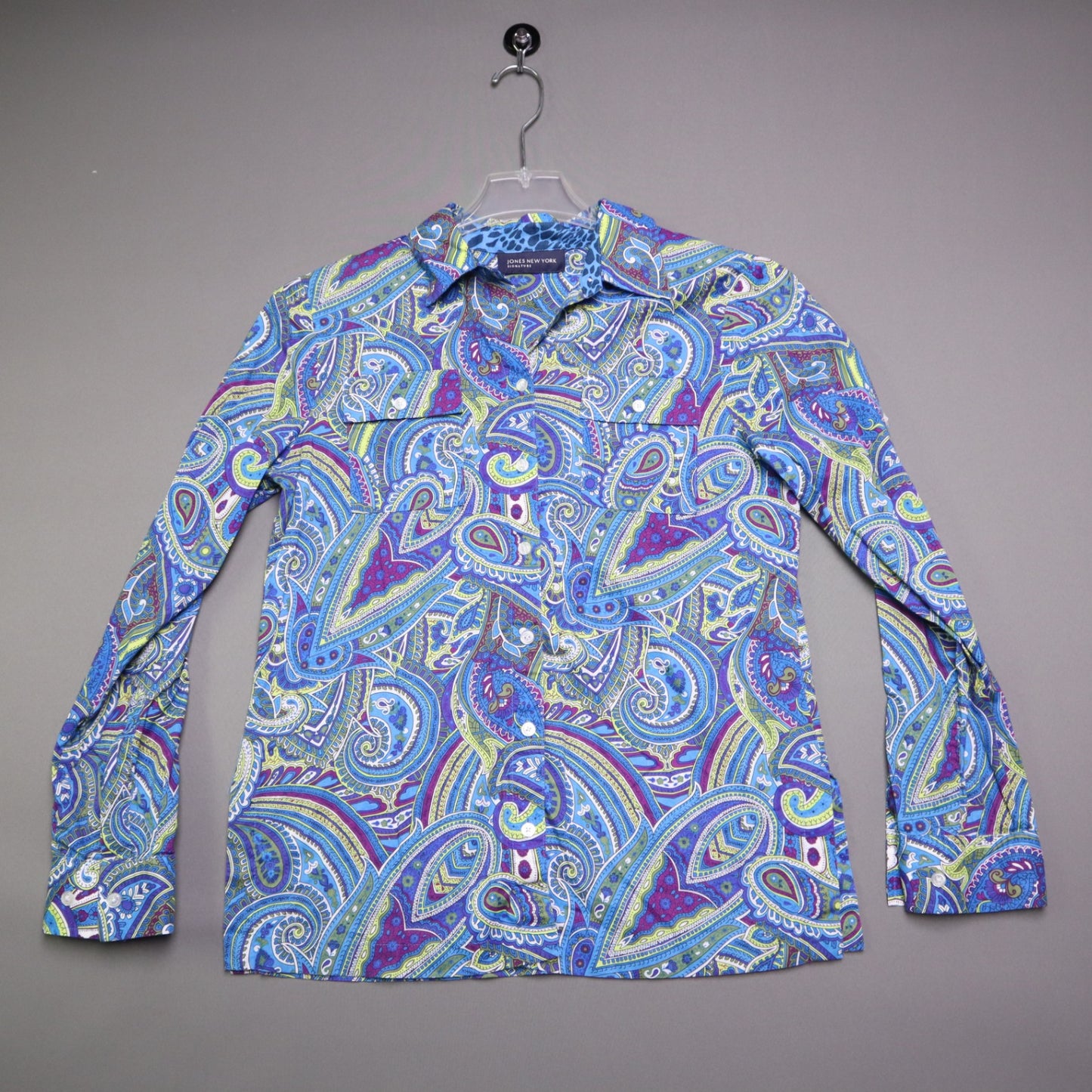 Jones New York Signature Women's Paisley Long Sleeve Button Up Shirt Blue Purple