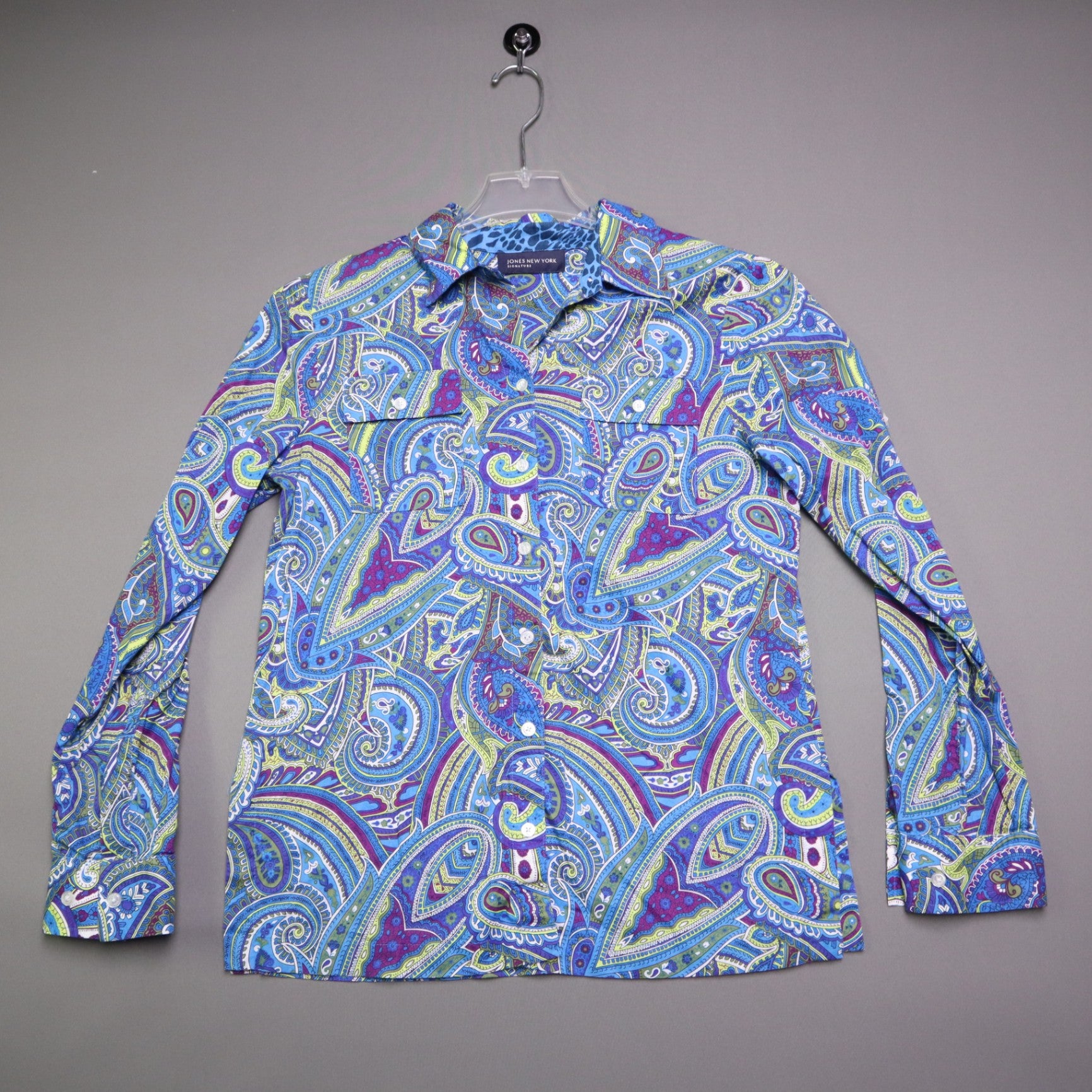 Jones New York Signature Women's Paisley Long Sleeve Button Up Shirt Blue Purple