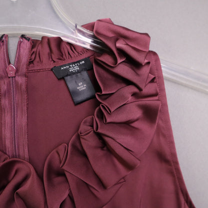 Ann Taylor Petite Ruffle Neck Sleeveless Blouse Mauve Plum Size 6P Satin Finish