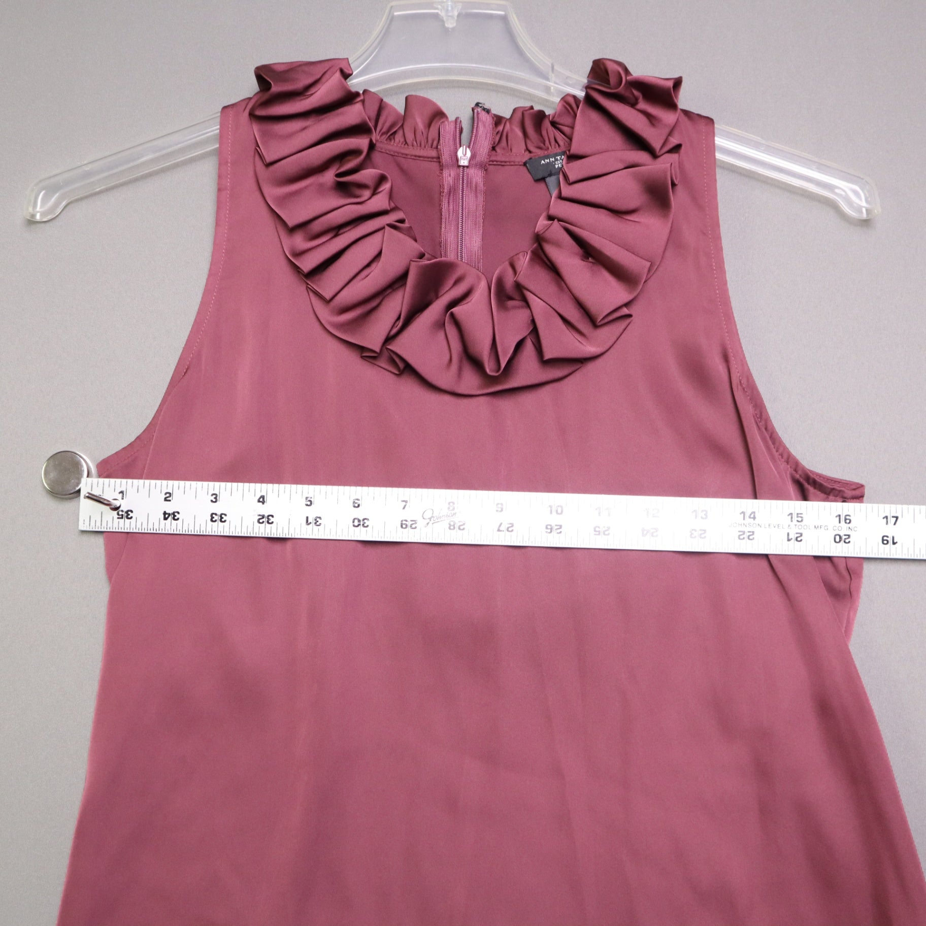 Ann Taylor Petite Ruffle Neck Sleeveless Blouse Mauve Plum Size 6P Satin Finish