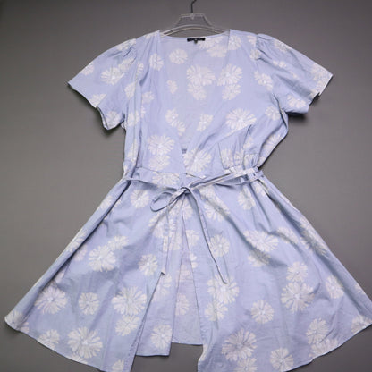 blue daisy floral wrap sundress is from Madewell and features short puff sleeves