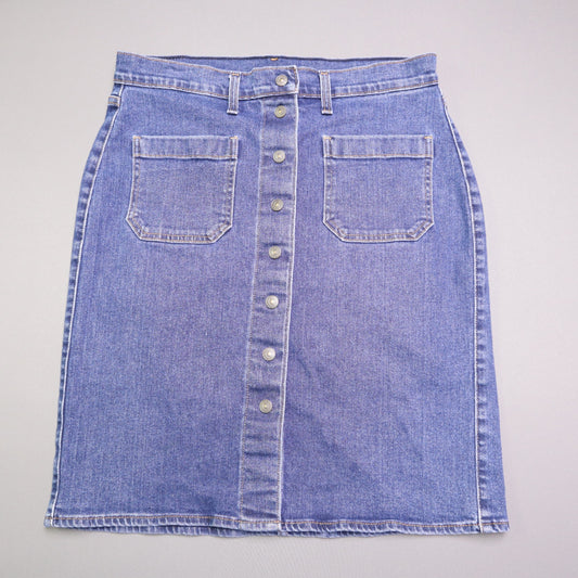 Levi's Button Front Denim Midi Skirt Size 30 Medium Wash Patch Pocket High Rise