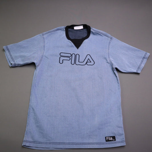Fila Mens Denim Short Sleeve T-Shirt Size M Light Wash Blue Embroidered Spellout
