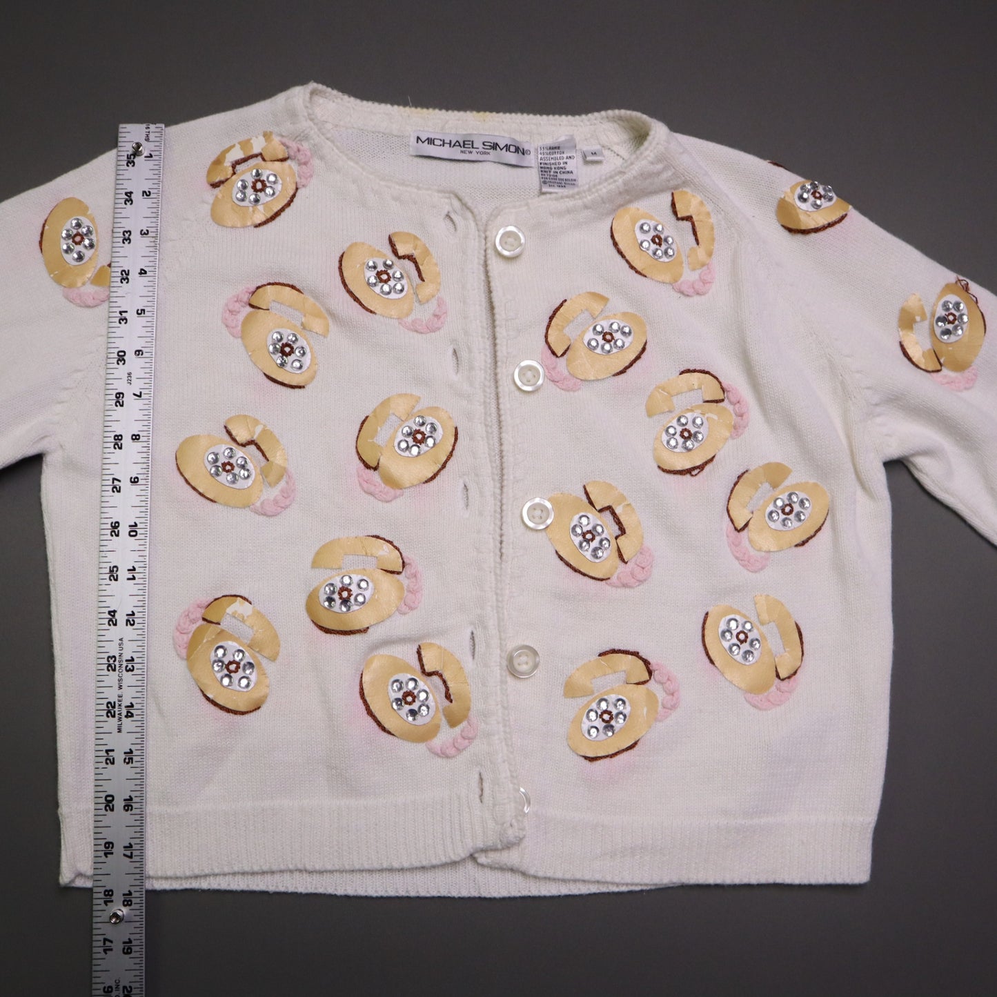Vintage Michael Simon Sweater Women’s Small Telephone Applique Beaded Knit